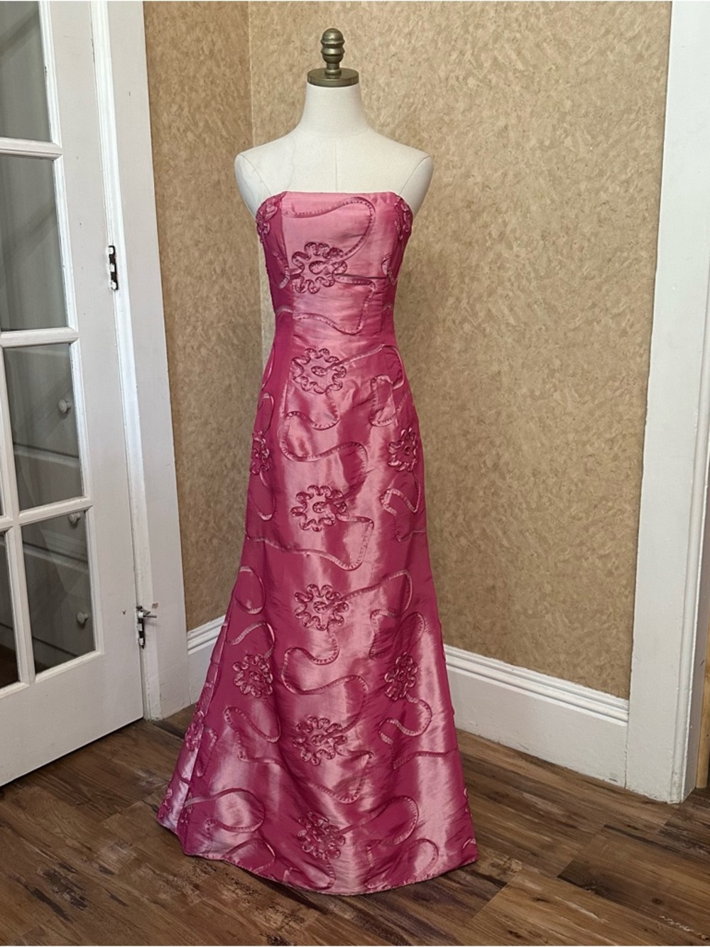 Vintage y2k 90s strapless taffeta metallic shift pink satin prom dress